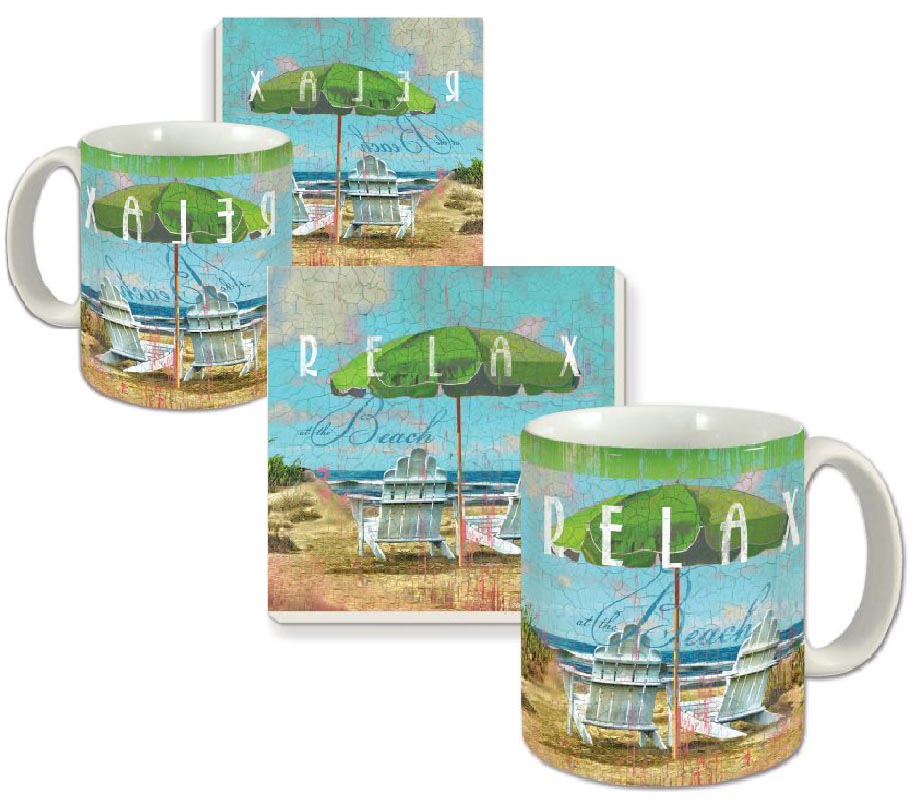 ! 4-pc Ceramic Microwave Safe Mugs-Coasters Beach Days ! 4-pc Ceramic Microwave Safe Mugs-Coasters Beach Days